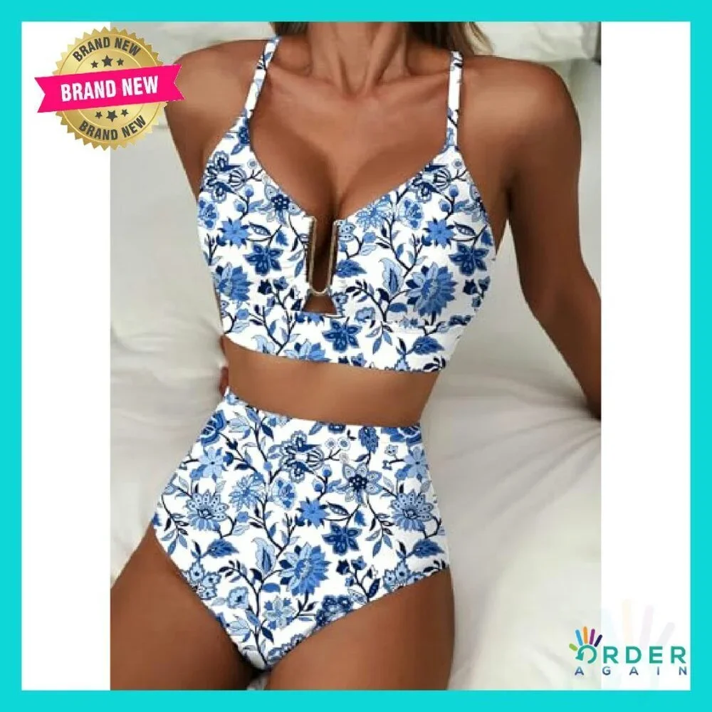 High Waisted U Wire Bikini Set Floral Print Crisscross Back Swimsuit Beachwear